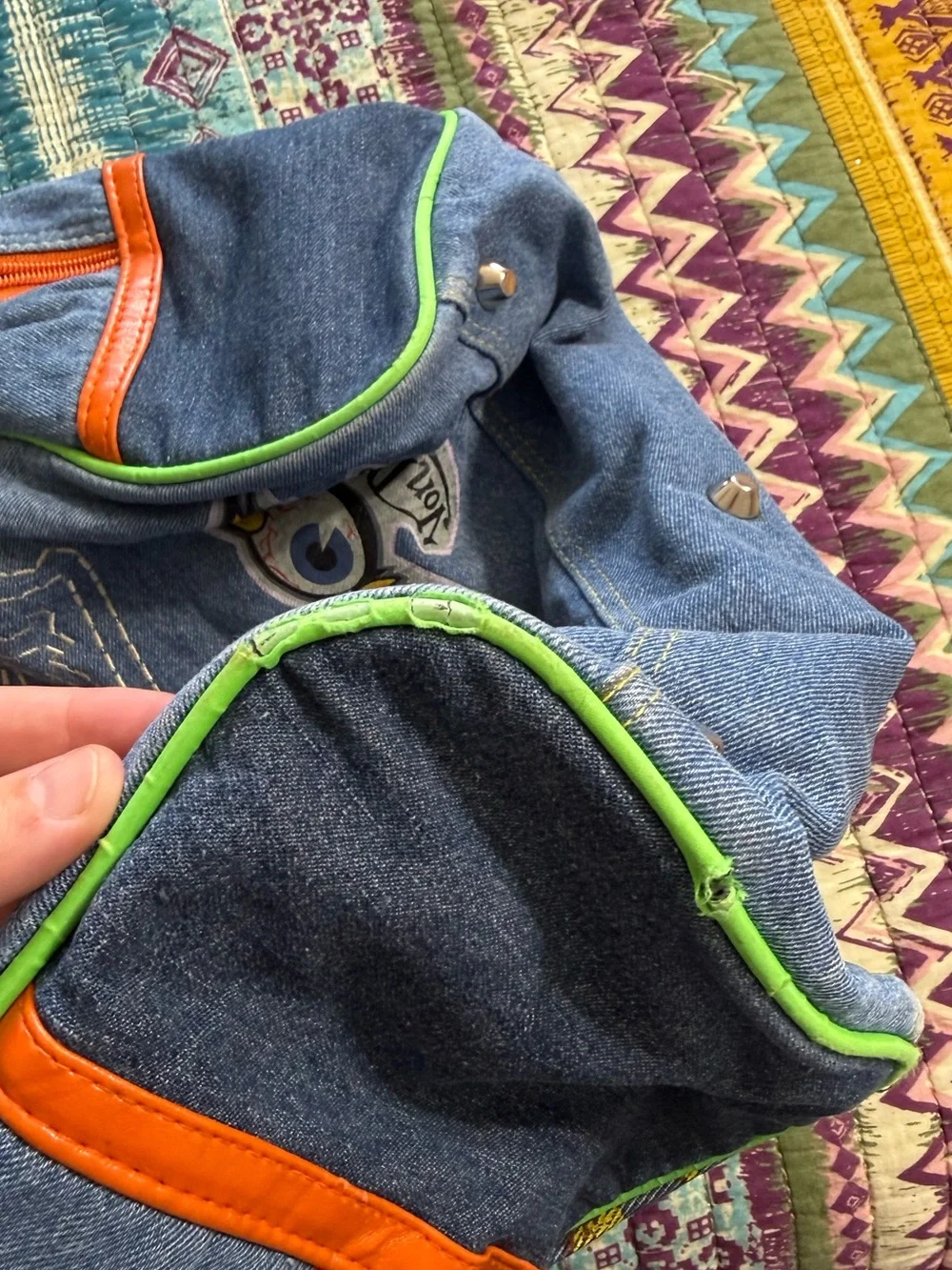 Vintage Y2K Von Dutch Denim Patchwork Bag with Orange Handles and Lime Trim